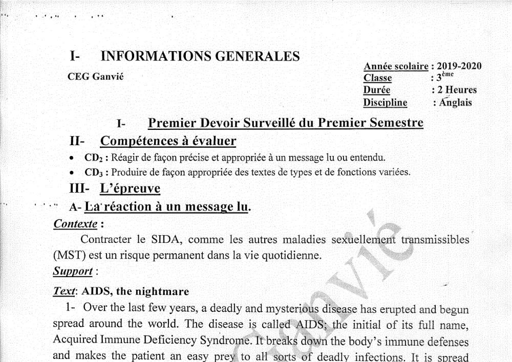 Aperçu de la première page — 3ème Anglais Devoir 1 Semestre 1 CEG Ganvie 2019 2020