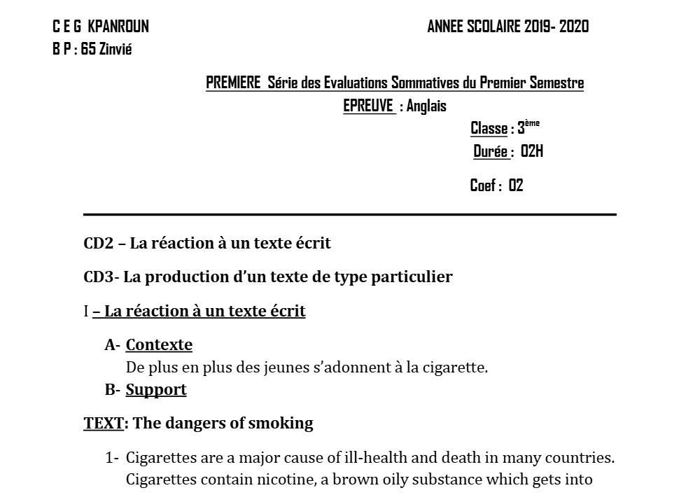 Aperçu de la première page — 3ème Anglais Devoir 1 Semestre 1 CEG Kpanroun 2019 2020
