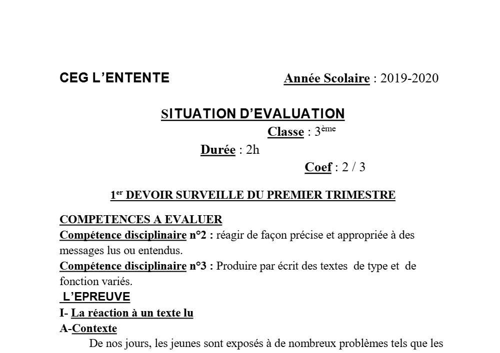 Aperçu de la première page — 3ème Anglais Devoir 1 Semestre 1 CEG L'Entente 2019 2020