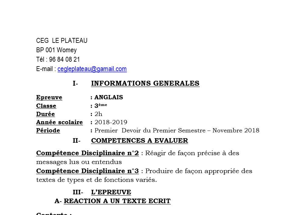 Aperçu de la première page — 3ème Anglais Devoir 1 Semestre 1 CEG Le Plateau 2018 2019