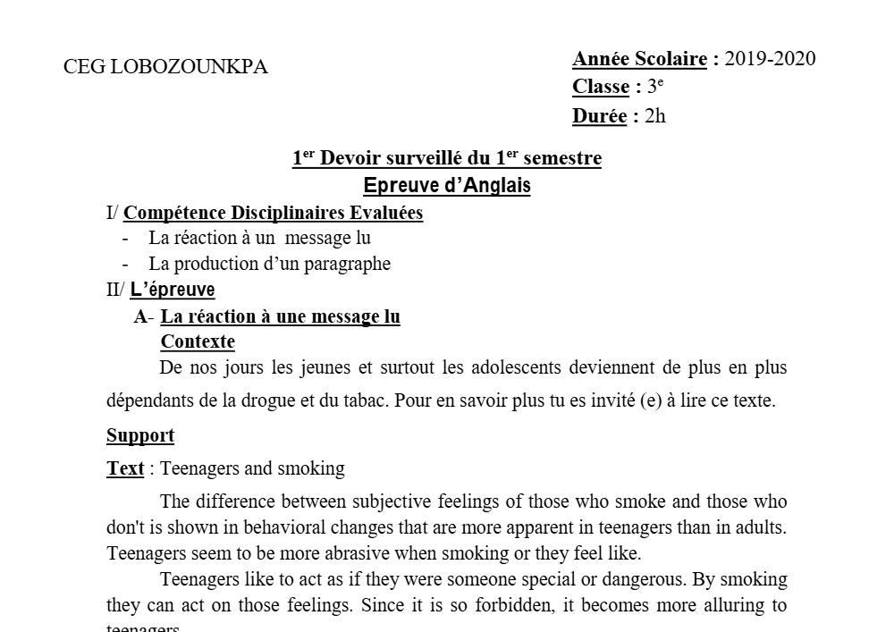 Aperçu de la première page — 3ème Anglais Devoir 1 Semestre 1 CEG Lobozounkpa 2019 2020