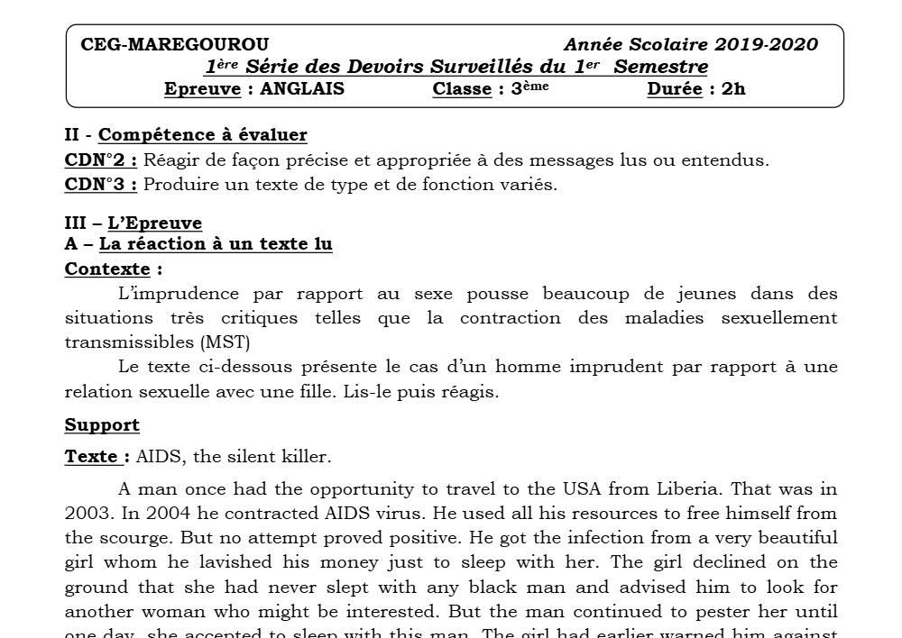 Aperçu de la première page — 3ème Anglais Devoir 1 Semestre 1 CEG Maregourou 2019 2020