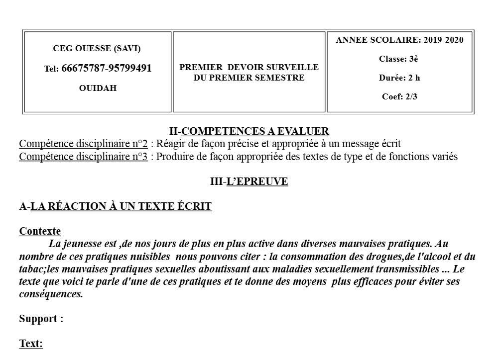 Aperçu de la première page — 3ème Anglais Devoir 1 Semestre 1 CEG Ouesse 2019 2020
