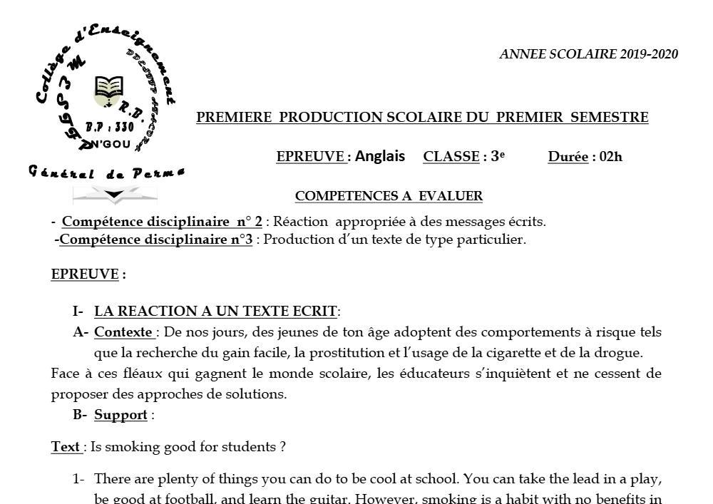 Aperçu de la première page — 3ème Anglais Devoir 1 Semestre 1 CEG Perma 2019 2020