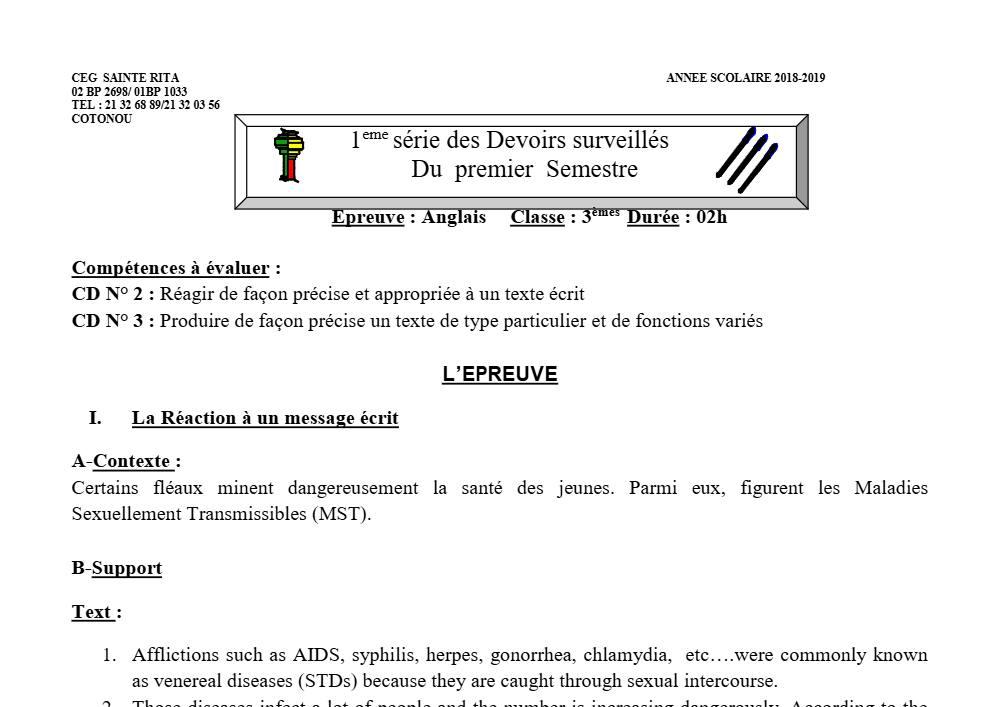Aperçu de la première page — 3ème Anglais Devoir 1 Semestre 1 CEG Sainte Rita 2018 2019