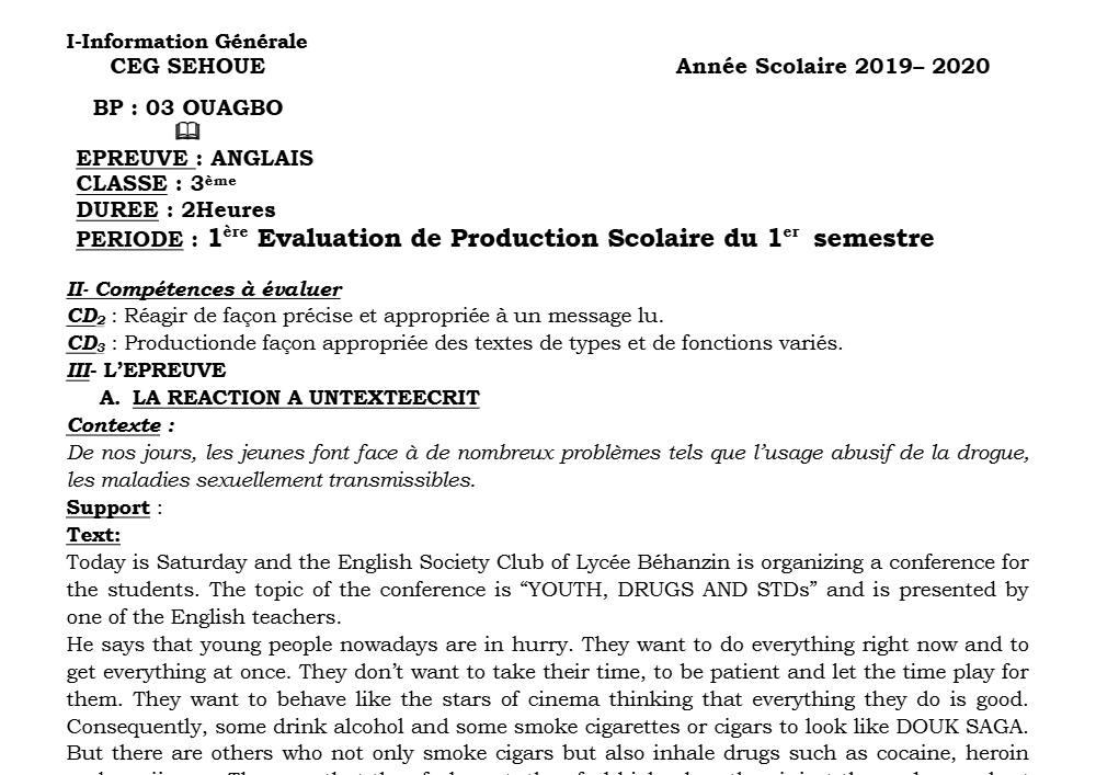 Aperçu de la première page — 3ème Anglais Devoir 1 Semestre 1 CEG Sehoue 2019 2020