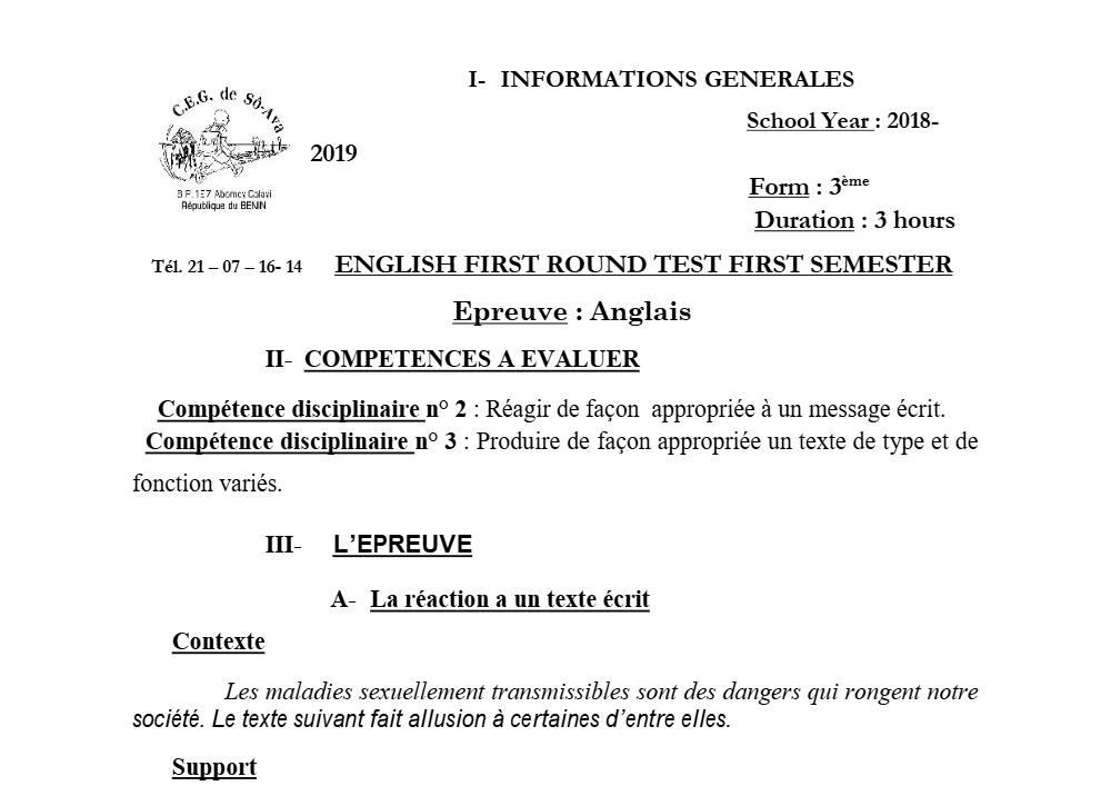 Aperçu de la première page — 3ème Anglais Devoir 1 Semestre 1 CEG So Ava 2018 2019