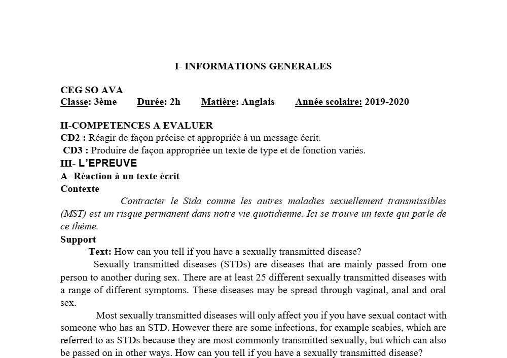 Aperçu de la première page — 3ème Anglais Devoir 1 Semestre 1 CEG So Ava 2019 2020