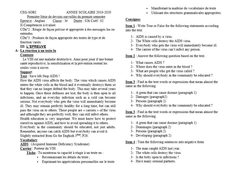 Aperçu de la première page — 3ème Anglais Devoir 1 Semestre 1 CEG Sori 2019 2020