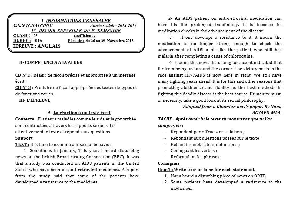Aperçu de la première page — 3ème Anglais Devoir 1 Semestre 1 CEG Tchatchou 2018 2019