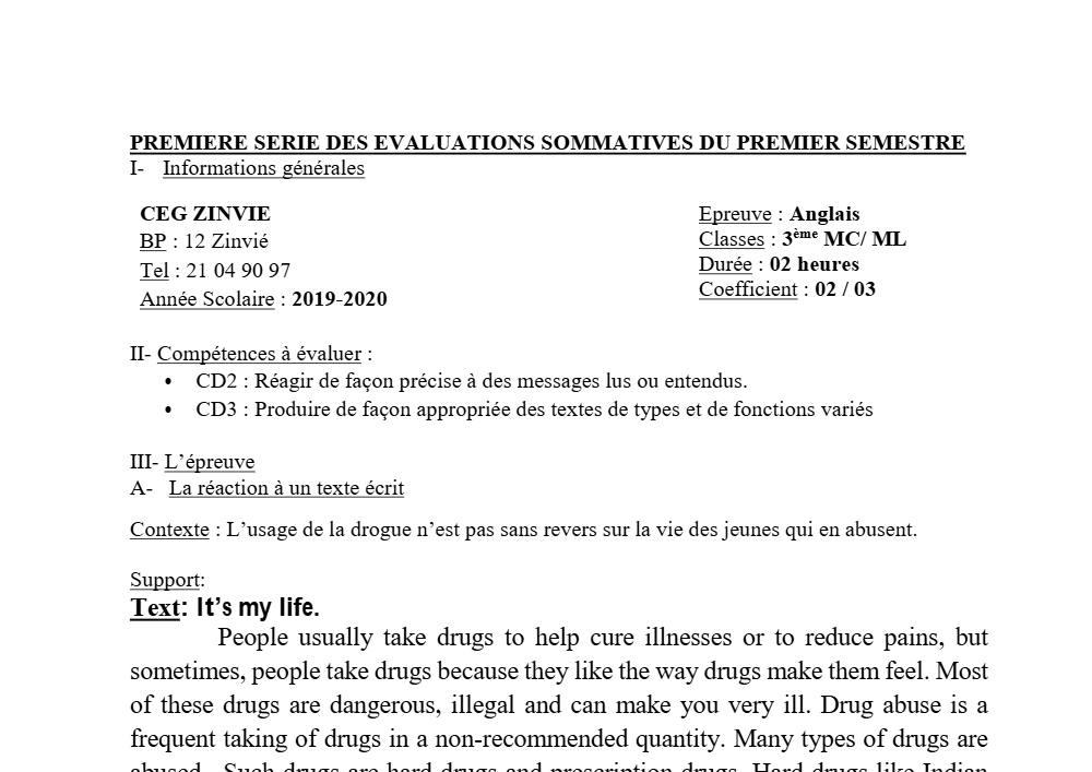 Aperçu de la première page — 3ème Anglais Devoir 1 Semestre 1 CEG Zinvié 2019 2020
