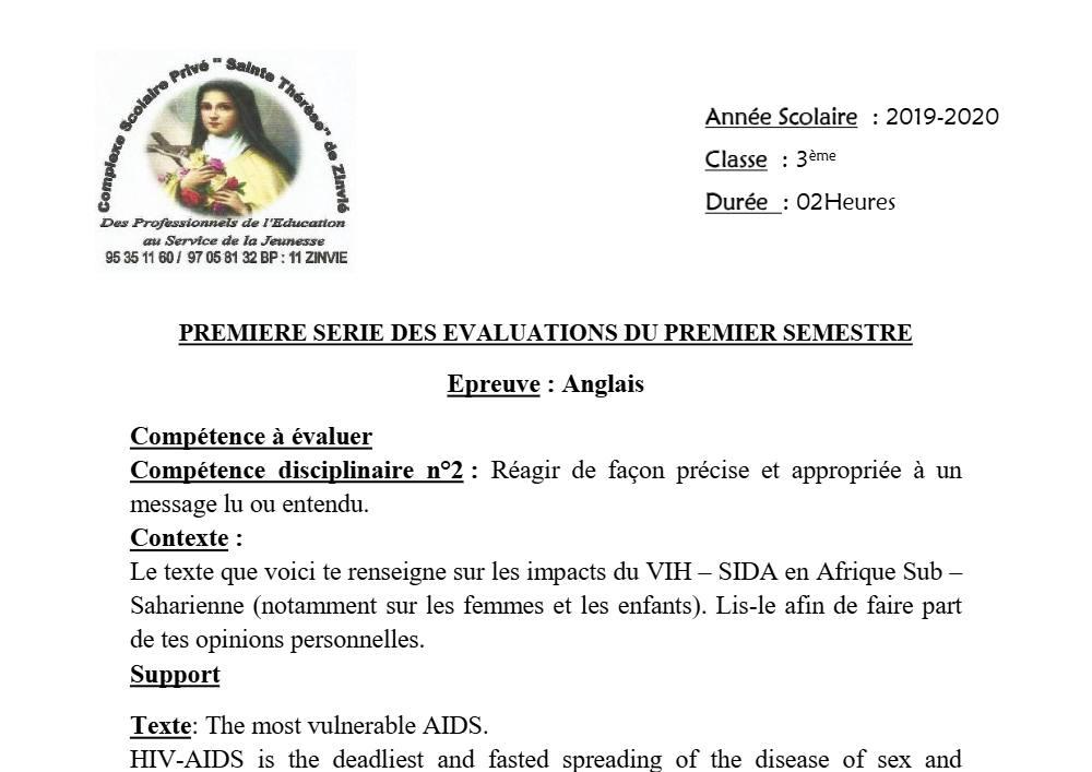 Aperçu de la première page — 3ème Anglais Devoir 1 Semestre 1 CS Sainte Therese 2019 2020