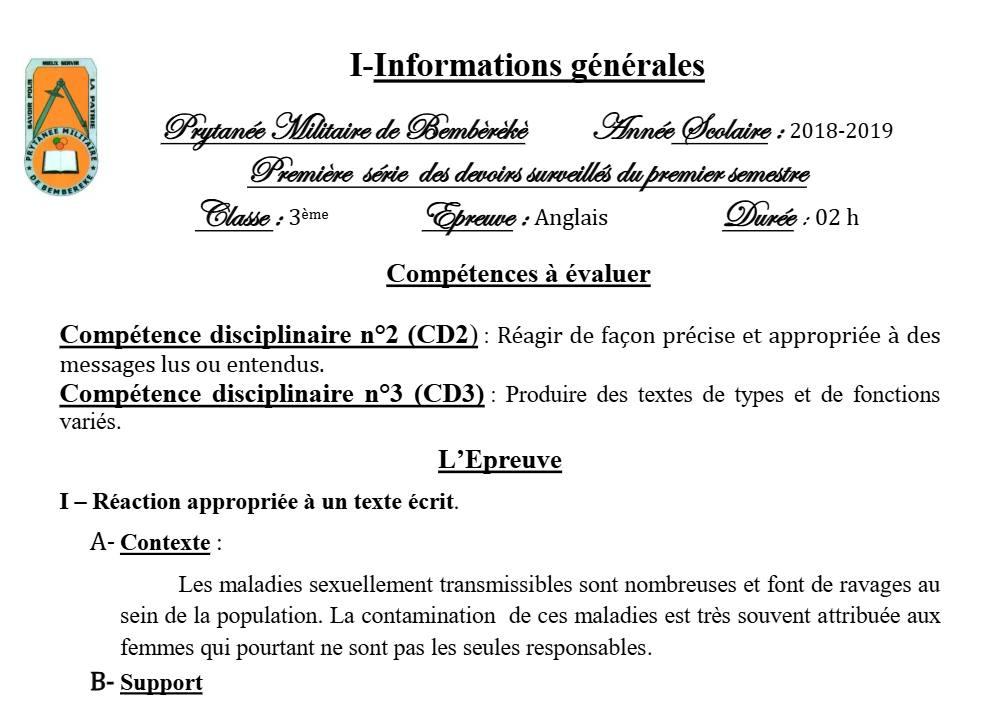 Aperçu de la première page — 3ème Anglais Devoir 1 Semestre 1 Prytanee Militaire de Bembereke 2017 2018