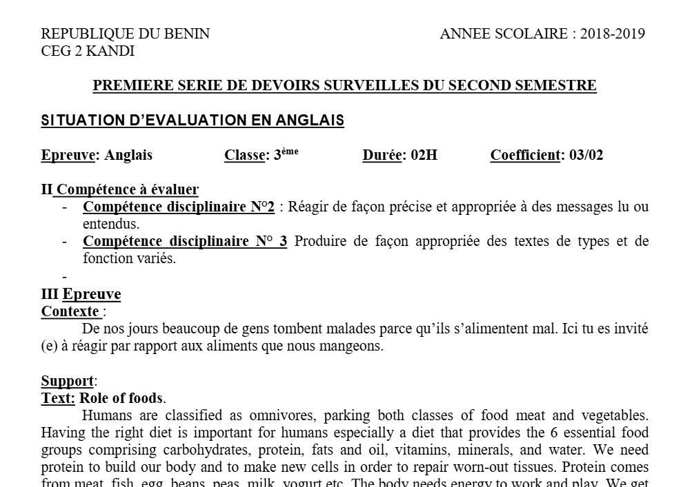 Aperçu de la première page — 3ème Anglais Devoir 1 Semestre 2 CEG2 Kandi 2018 2019