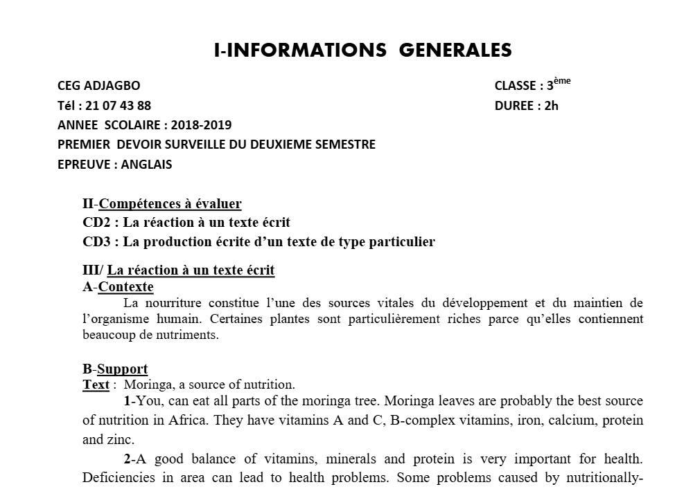 Aperçu de la première page — 3ème Anglais Devoir 1 Semestre 2 CEG Adjagbo 2018 2019