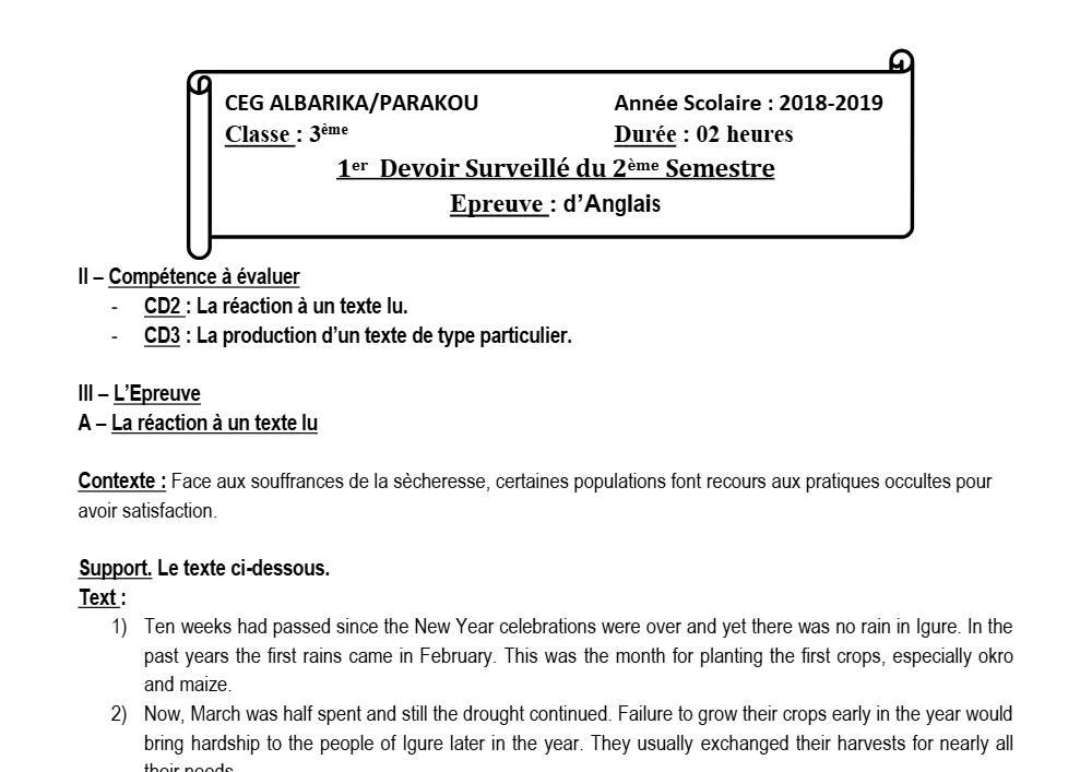 Aperçu de la première page — 3ème Anglais Devoir 1 Semestre 2 CEG Albarika 2018 2019