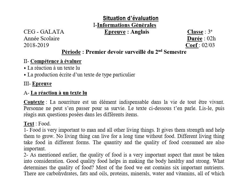 Aperçu de la première page — 3ème Anglais Devoir 1 Semestre 2 CEG Galata 2018 2019 (2)