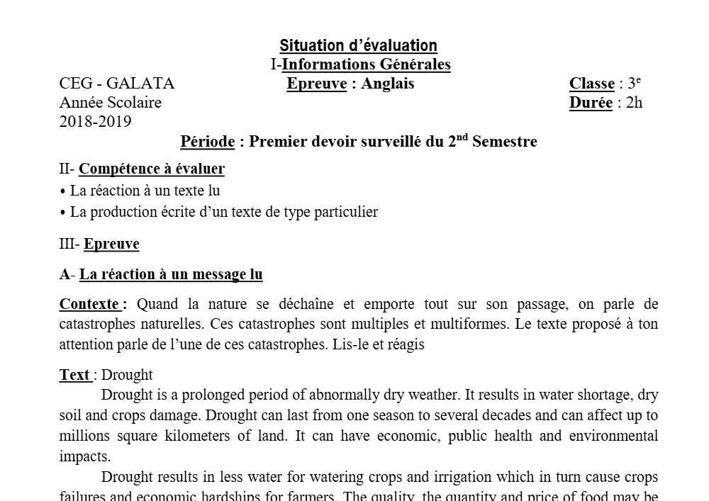 Aperçu de la première page — 3ème Anglais Devoir 1 Semestre 2 CEG Galata 2018 2019