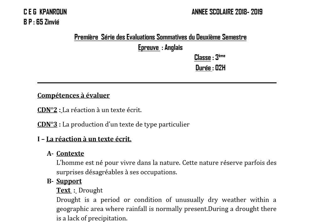 Aperçu de la première page — 3ème Anglais Devoir 1 Semestre 2 CEG Kpanroun 2018 2019
