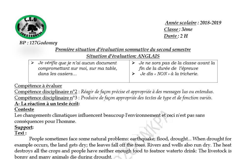 Aperçu de la première page — 3ème Anglais Devoir 1 Semestre 2 CEG Lobozounkpa 2018 2019