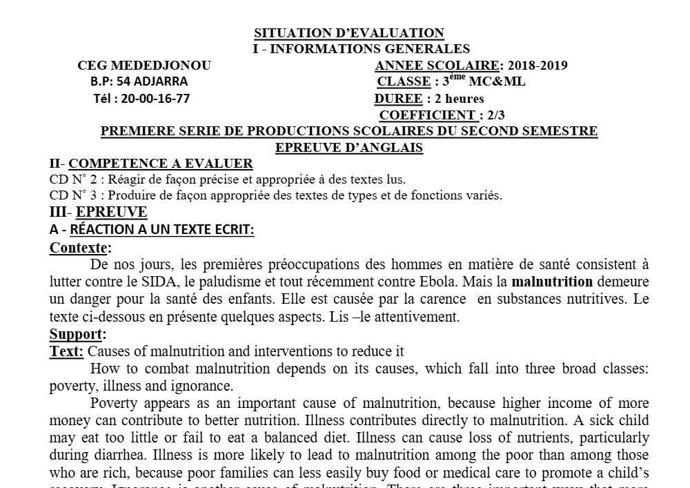 Aperçu de la première page — 3ème Anglais Devoir 1 Semestre 2 CEG Mededjonou 2018 2019