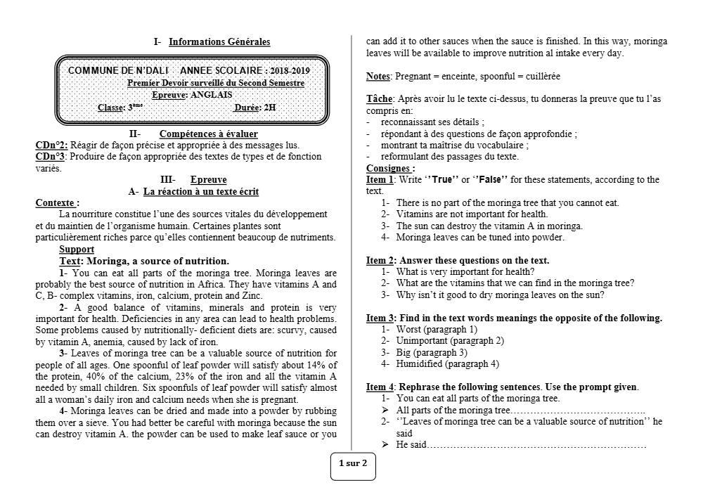 Aperçu de la première page — 3ème Anglais Devoir 1 Semestre 2 CEG N'Dali 2018 2019 (2)