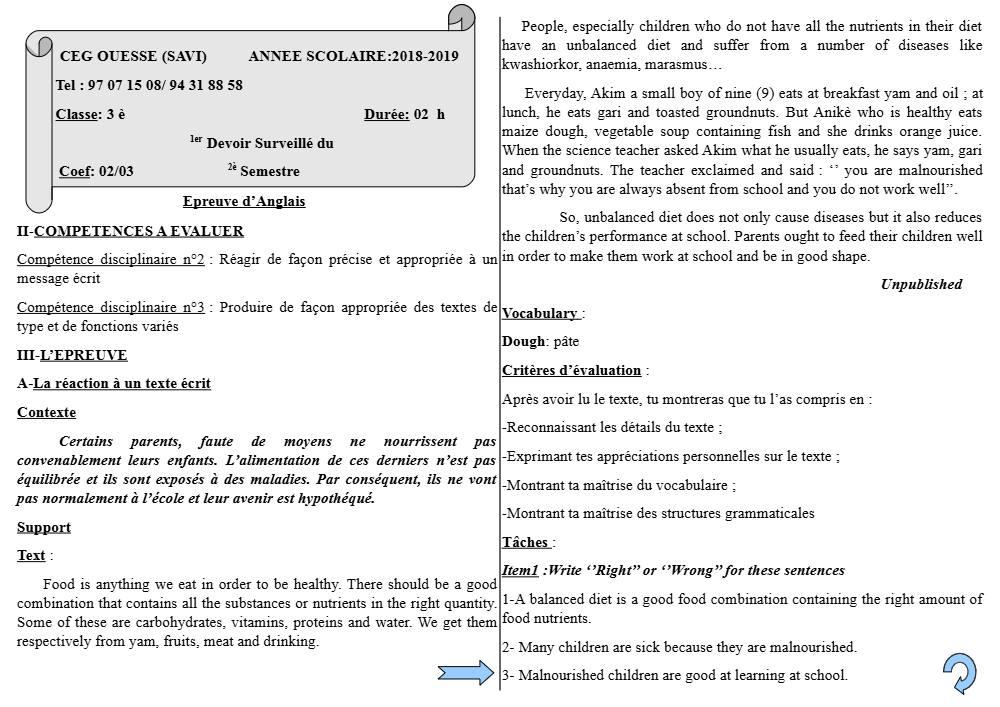 Aperçu de la première page — 3ème Anglais Devoir 1 Semestre 2 CEG Ouesse 2018 2019
