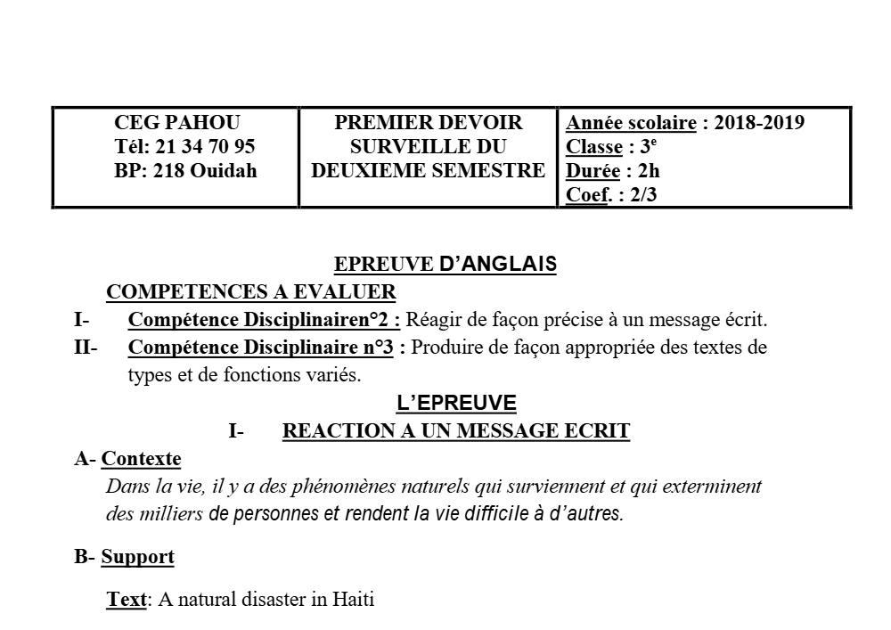 Aperçu de la première page — 3ème Anglais Devoir 1 Semestre 2 CEG Pahou 2018 2019