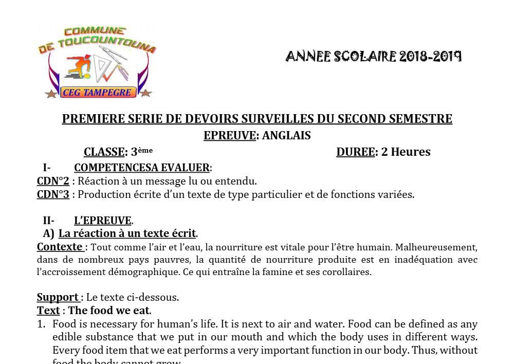 Aperçu de la première page — 3ème Anglais Devoir 1 Semestre 2 CEG Tampegre 2018 2019