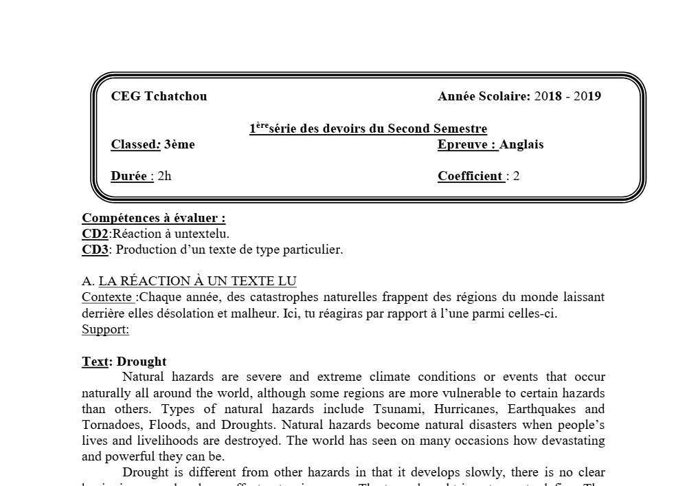 Aperçu de la première page — 3ème Anglais Devoir 1 Semestre 2 CEG Tchatchou 2018 2019