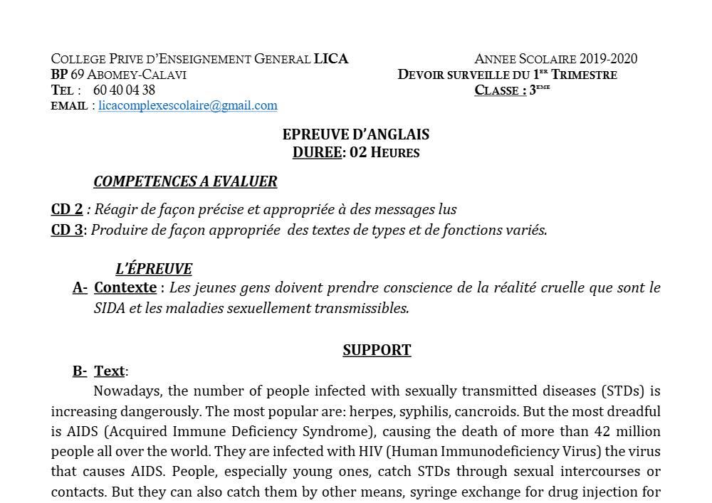 Aperçu de la première page — 3ème Anglais Devoir 1 Trimestre 1 Cepg Lica 2019 2020