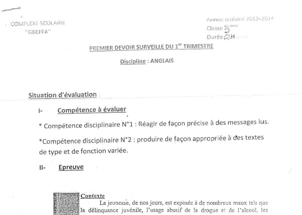 Aperçu de la première page — 3ème Anglais Devoir 1 Trimestre 1 CS Gbeffa 2013 2014