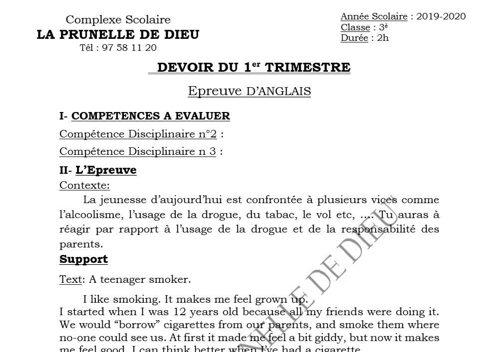 Aperçu de la première page — 3ème Anglais Devoir 1 Trimestre 1 CS La Prunelle de Dieu 2019 2020