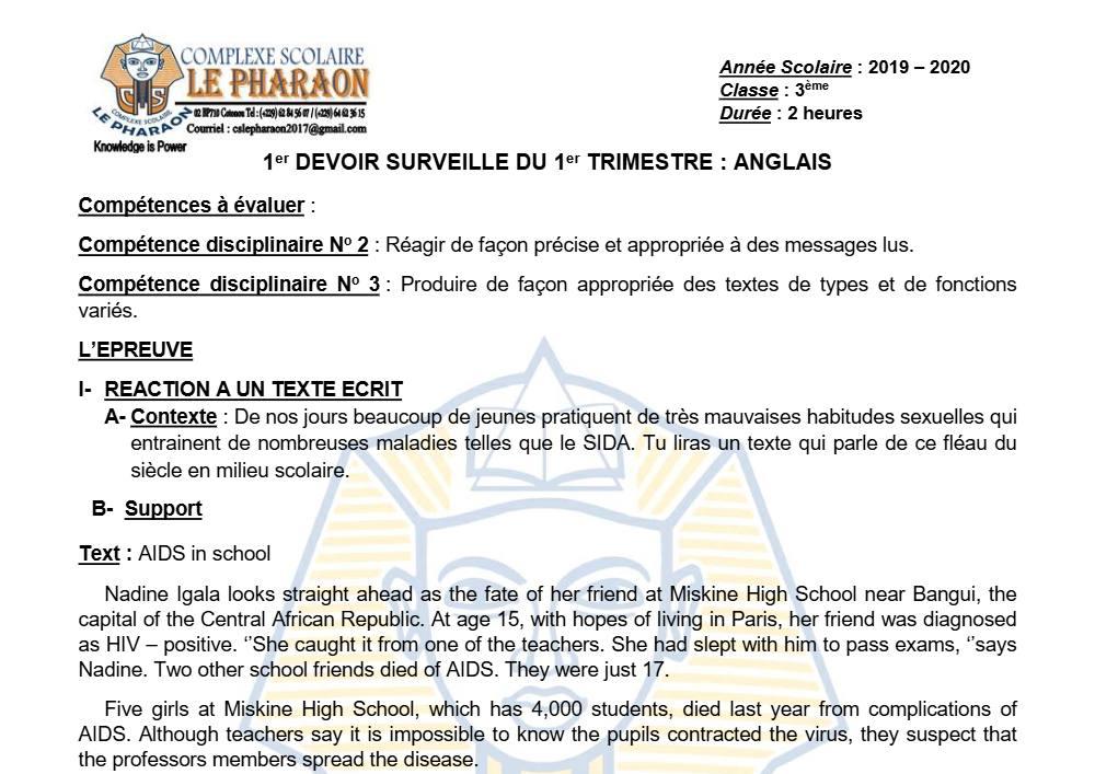 Aperçu de la première page — 3ème Anglais Devoir 1 Trimestre 1 CS Le Pharaon 2019 2020