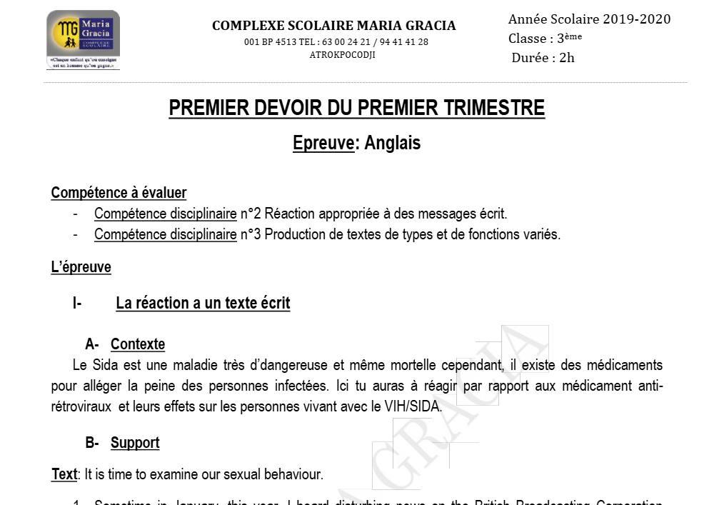 Aperçu de la première page — 3ème Anglais Devoir 1 Trimestre 1 CS Maria Gracia 2019 2020