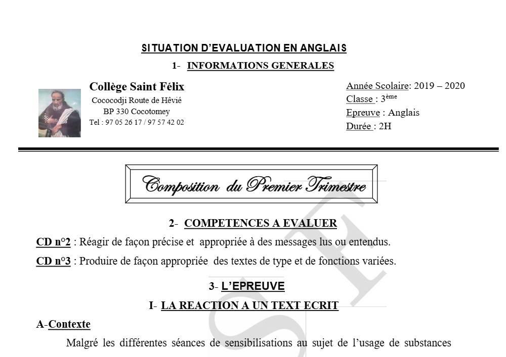 Aperçu de la première page — 3ème Anglais Devoir 1 Trimestre 1 CS Saint Felix 2019 2020