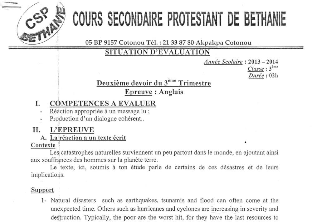 Aperçu de la première page — 3ème Anglais Devoir 1 Trimestre 3 CSP Béthanie 2013 2014