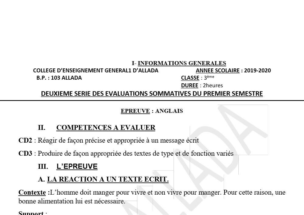 Aperçu de la première page — 3ème Anglais Devoir 2 Semestre 1 CEG1 Allada 2019 2020