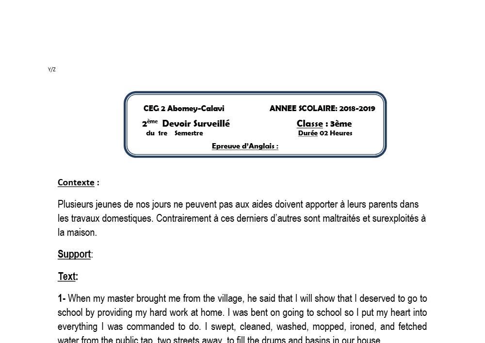 Aperçu de la première page — 3ème Anglais Devoir 2 Semestre 1 CEG2 Abomey Calavi 2018 2019