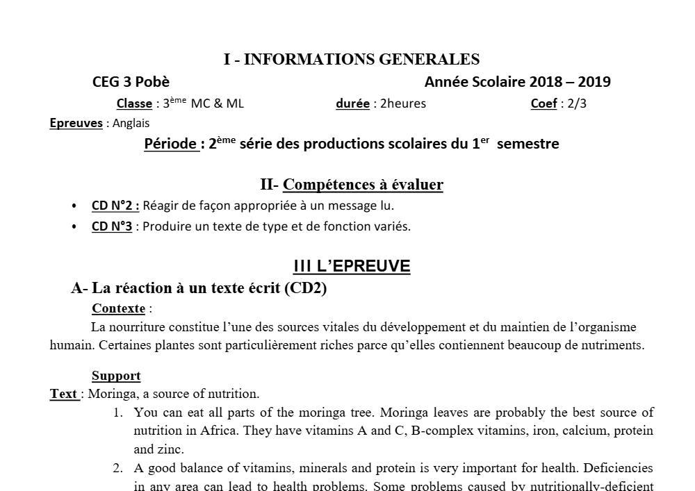 Aperçu de la première page — 3ème Anglais Devoir 2 Semestre 1 CEG3 Pobè 2018 2019
