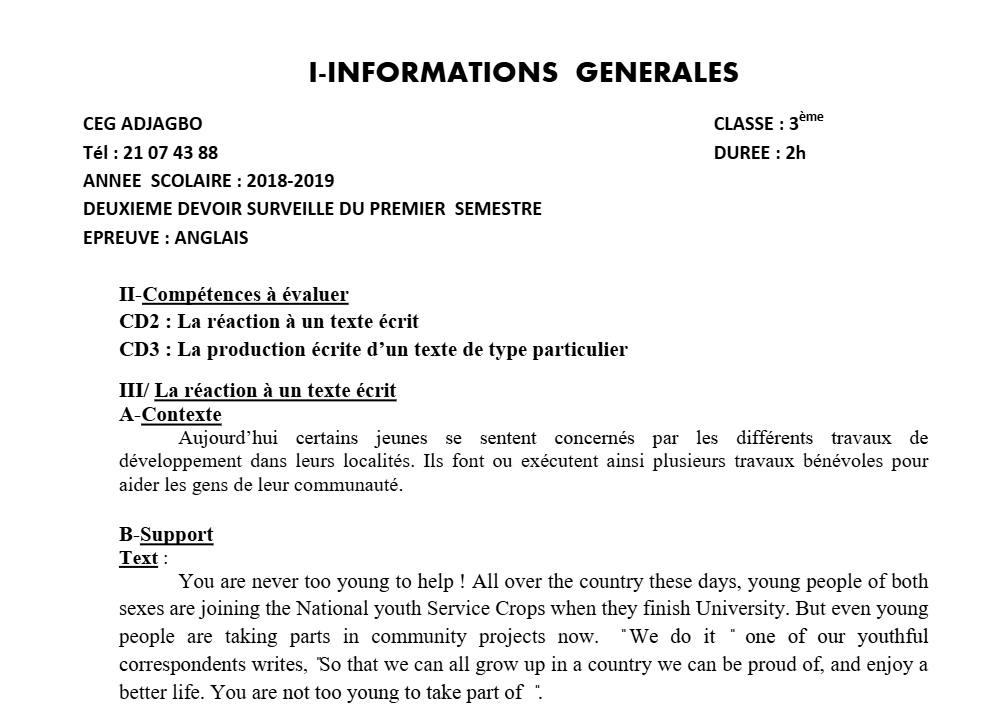Aperçu de la première page — 3ème Anglais Devoir 2 Semestre 1 CEG Adjagbo 2018 2019