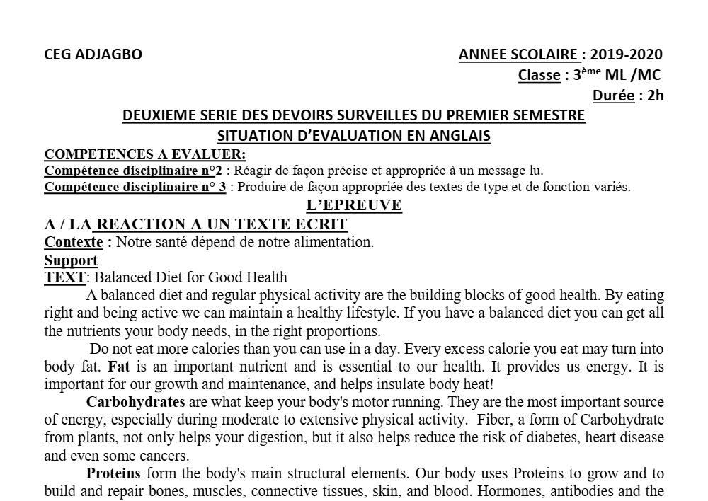 Aperçu de la première page — 3ème Anglais Devoir 2 Semestre 1 CEG Adjagbo 2019 2020