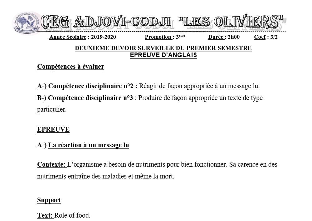 Aperçu de la première page — 3ème Anglais Devoir 2 Semestre 1 CEG Adjovi Codji 2019 2020