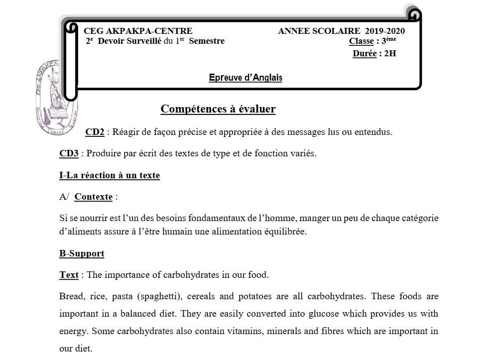Aperçu de la première page — 3ème Anglais Devoir 2 Semestre 1 CEG Akpakpa 2019 2020