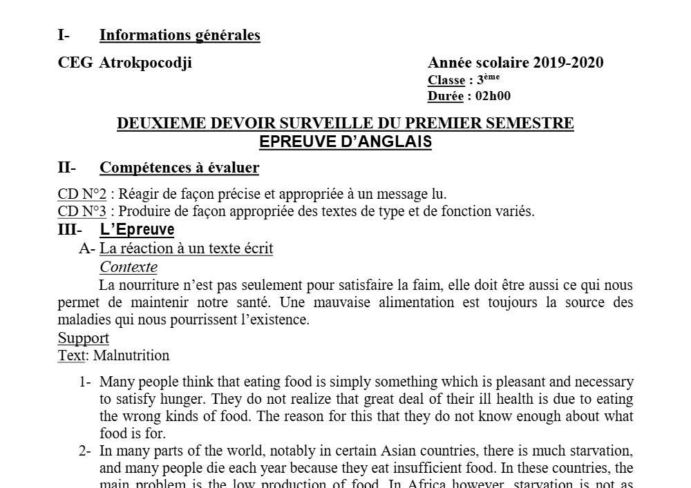 Aperçu de la première page — 3ème Anglais Devoir 2 Semestre 1 CEG Atrokpocodji 2019 2020