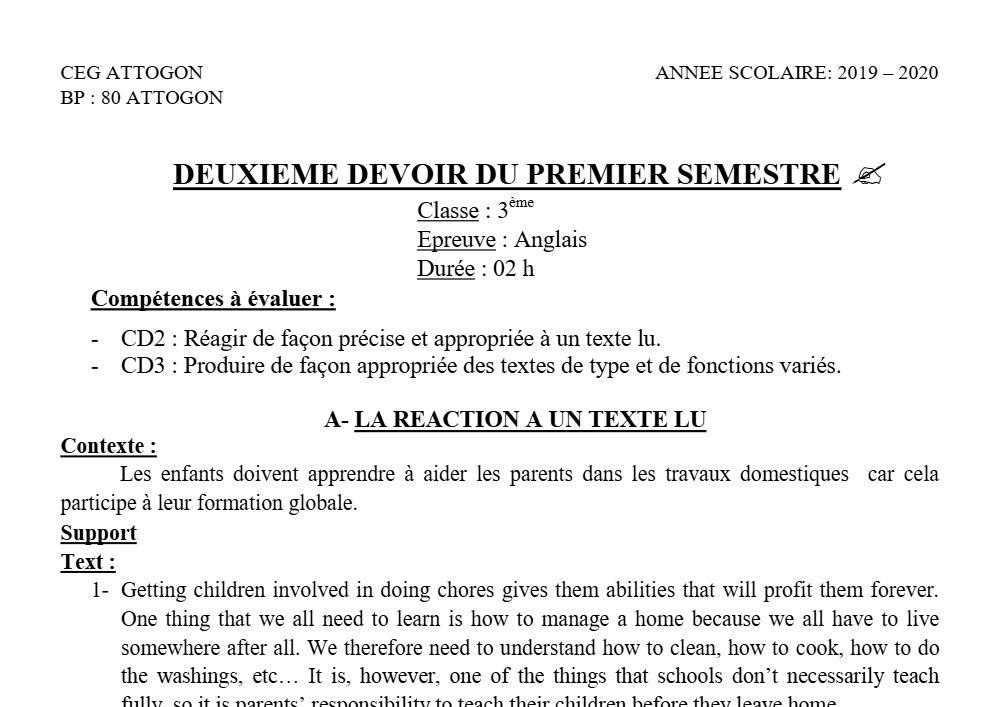 Aperçu de la première page — 3ème Anglais Devoir 2 Semestre 1 CEG Attogon 2019 2020