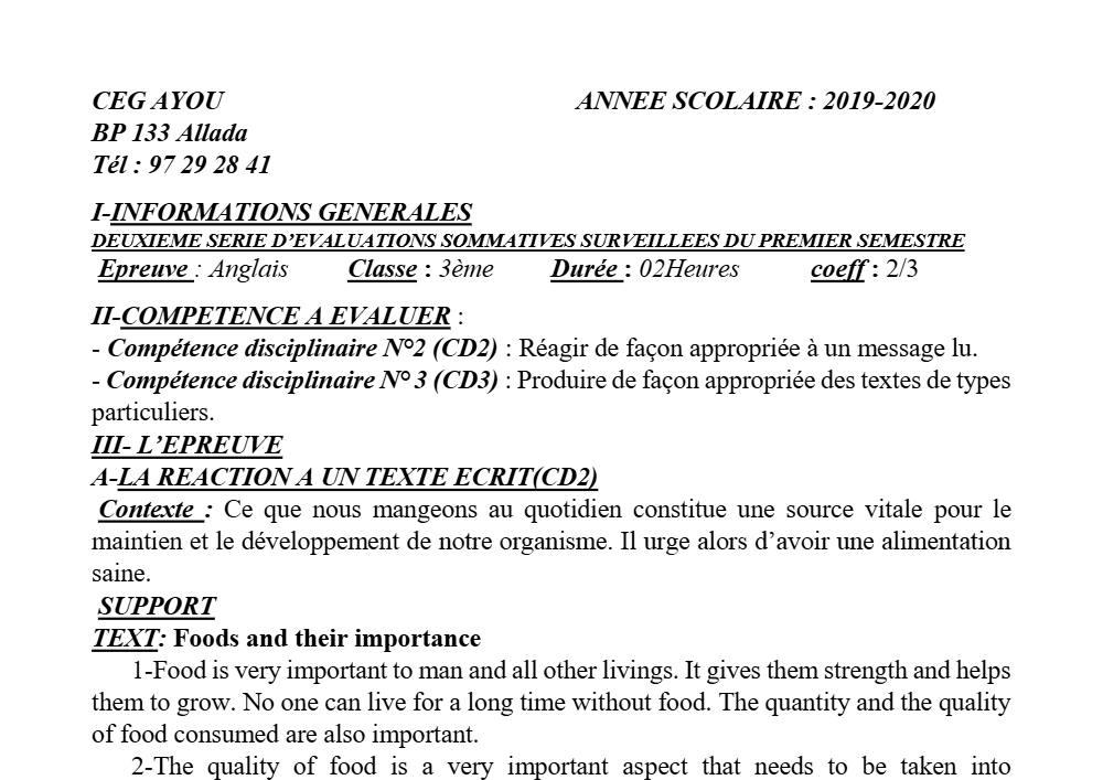Aperçu de la première page — 3ème Anglais Devoir 2 Semestre 1 CEG Ayou 2019 2020