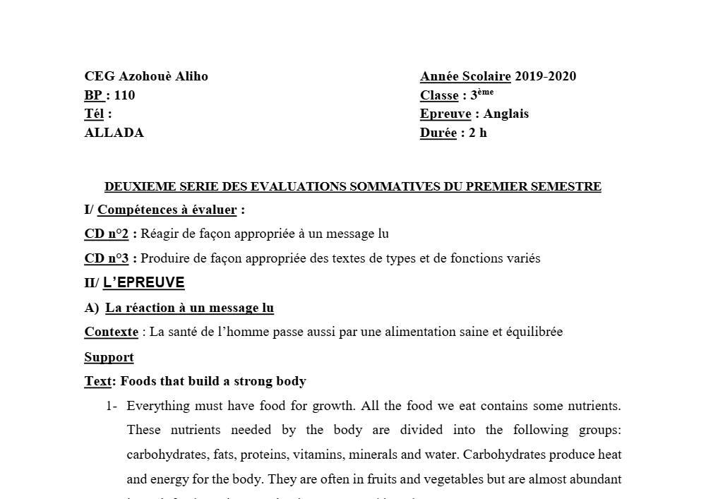 Aperçu de la première page — 3ème Anglais Devoir 2 Semestre 1 CEG Azohoue Aliho 2019 2020