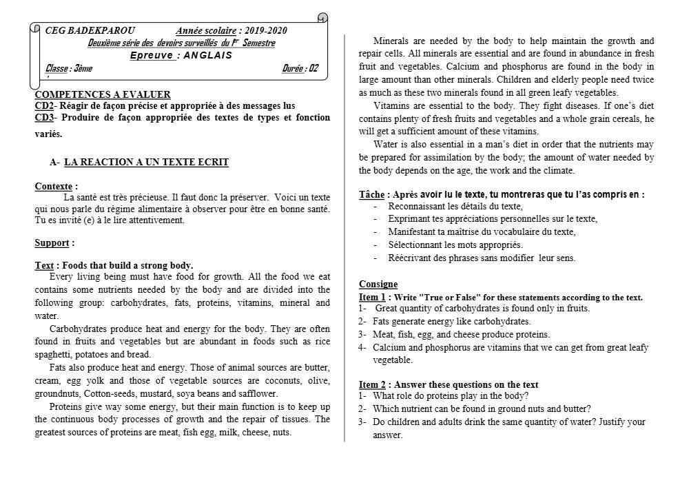 Aperçu de la première page — 3ème Anglais Devoir 2 Semestre 1 CEG Badekparou 2019 2020