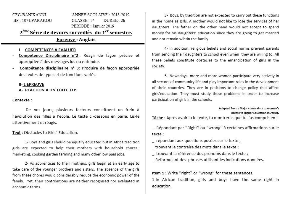 Aperçu de la première page — 3ème Anglais Devoir 2 Semestre 1 CEG Banikanni 2018 2019